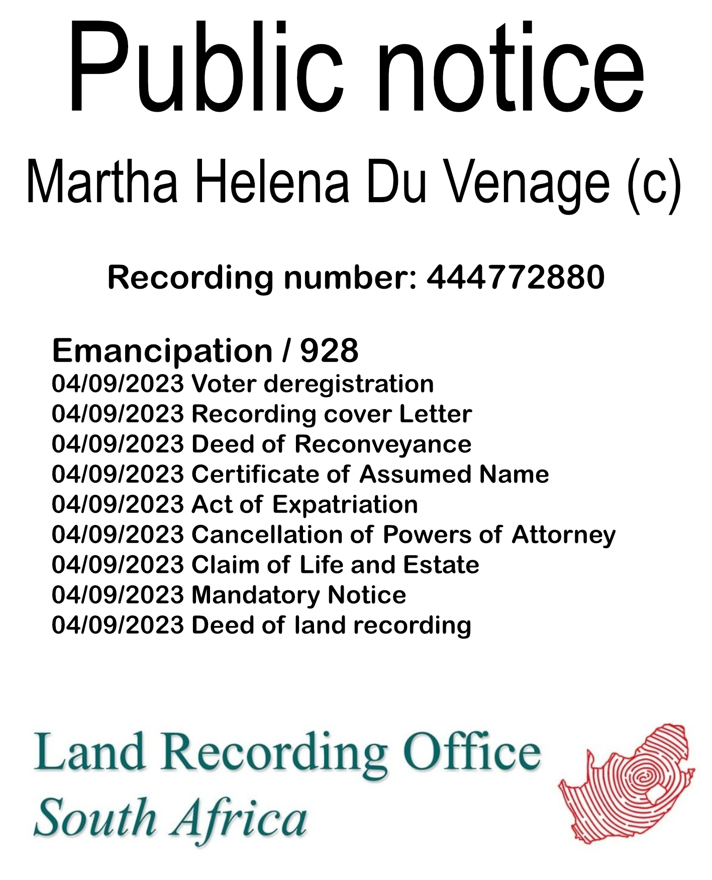 Public notice Martha Helena Du Venage (c) Recording number 444772880
